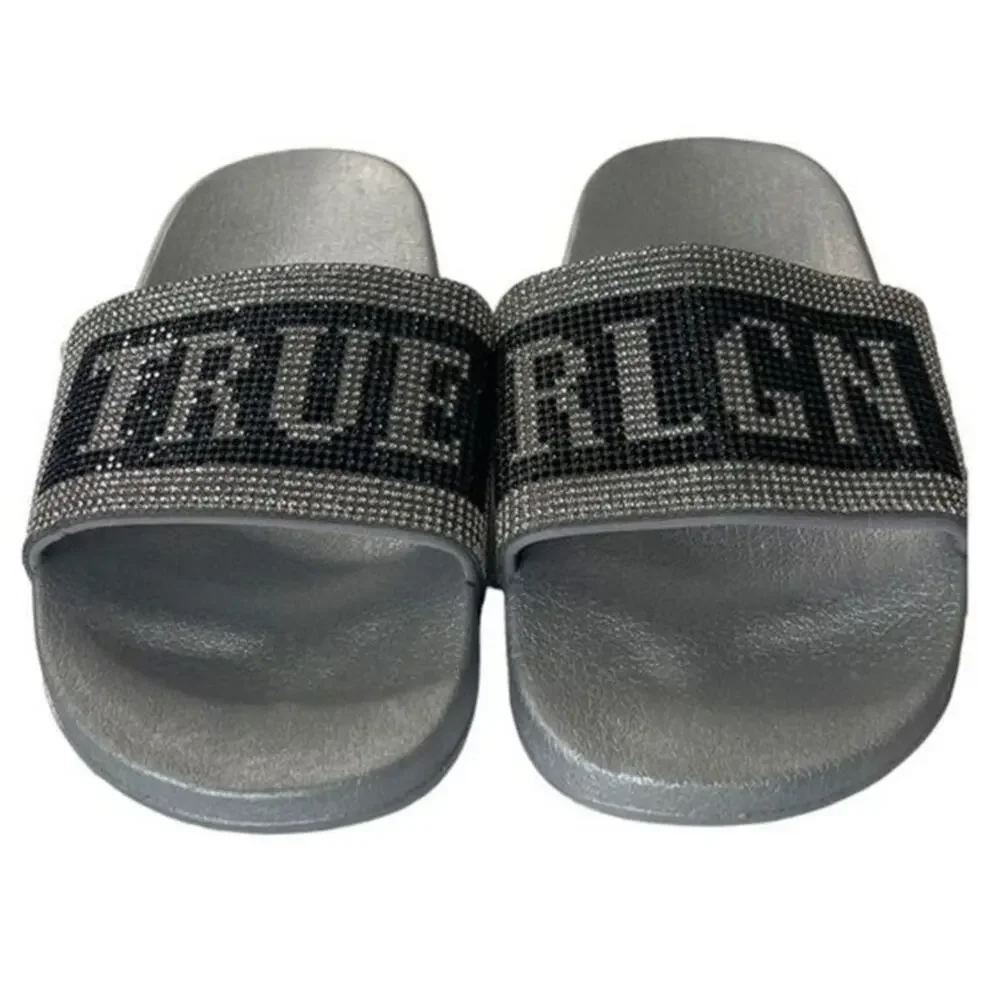 True Religion Crystal Embellished Rhinestone Jasmin Bling Slides Slip On Sandals